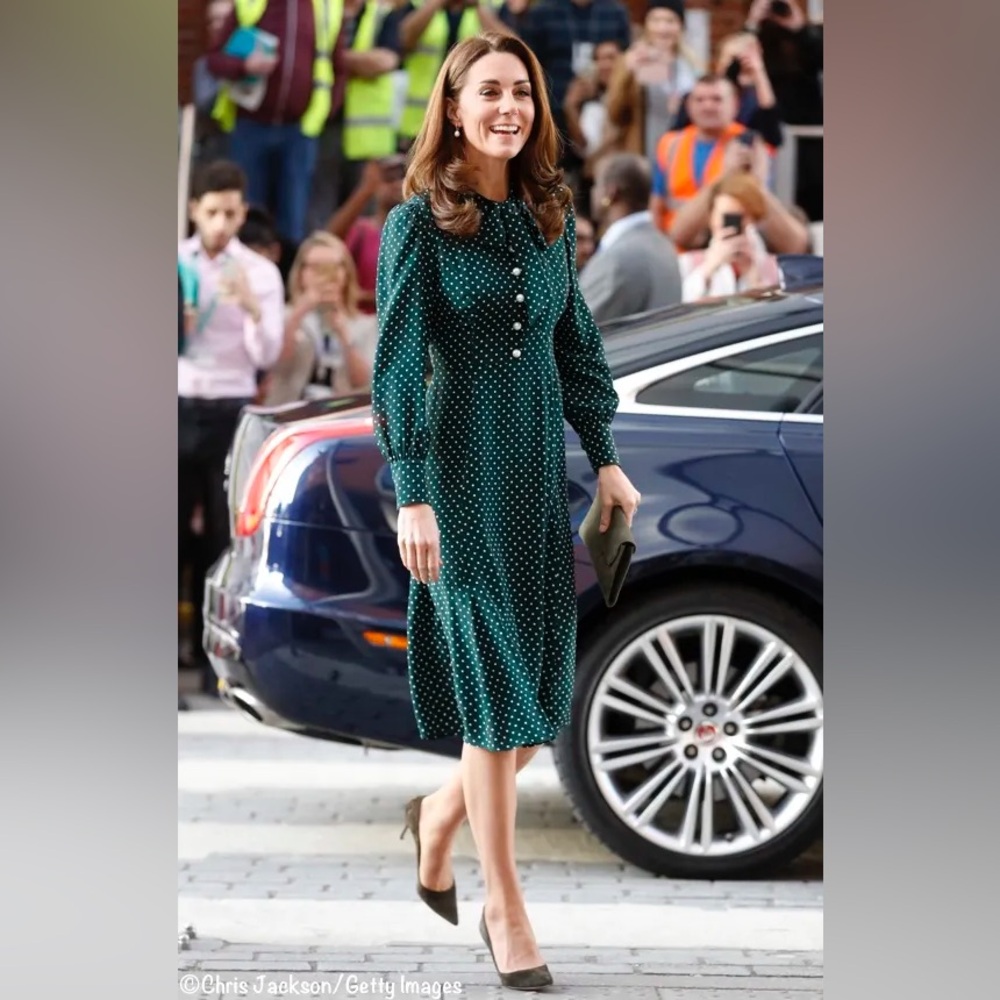 L.K. Bennett Mortimer Green & White Polka Dot Silk Dress